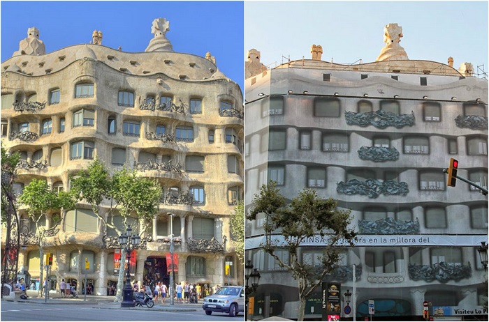 При желании знакомства с одним из шедевров зодчества столицы Каталонии, можно разочароваться видом реставрируемого здания.