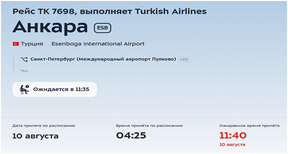 Рейс Turkish Airlines Анкара – Москва вынужденно сел в Санкт-Петербурге