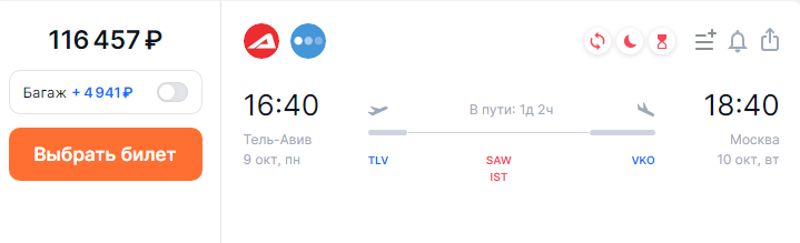 Цены на билеты из Тель-Авива в Москву выросли до 260 тысяч рублей